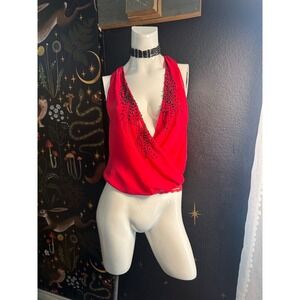 Bebe Red Beaded Deep V-Neck Wrap Halter Top Lace Trim Open Back Medium